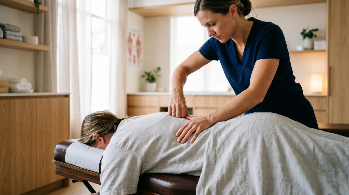 Chiropractor performing manual spinal adjustment on a patient at RehabOne Plus in Thornhill, Ontario