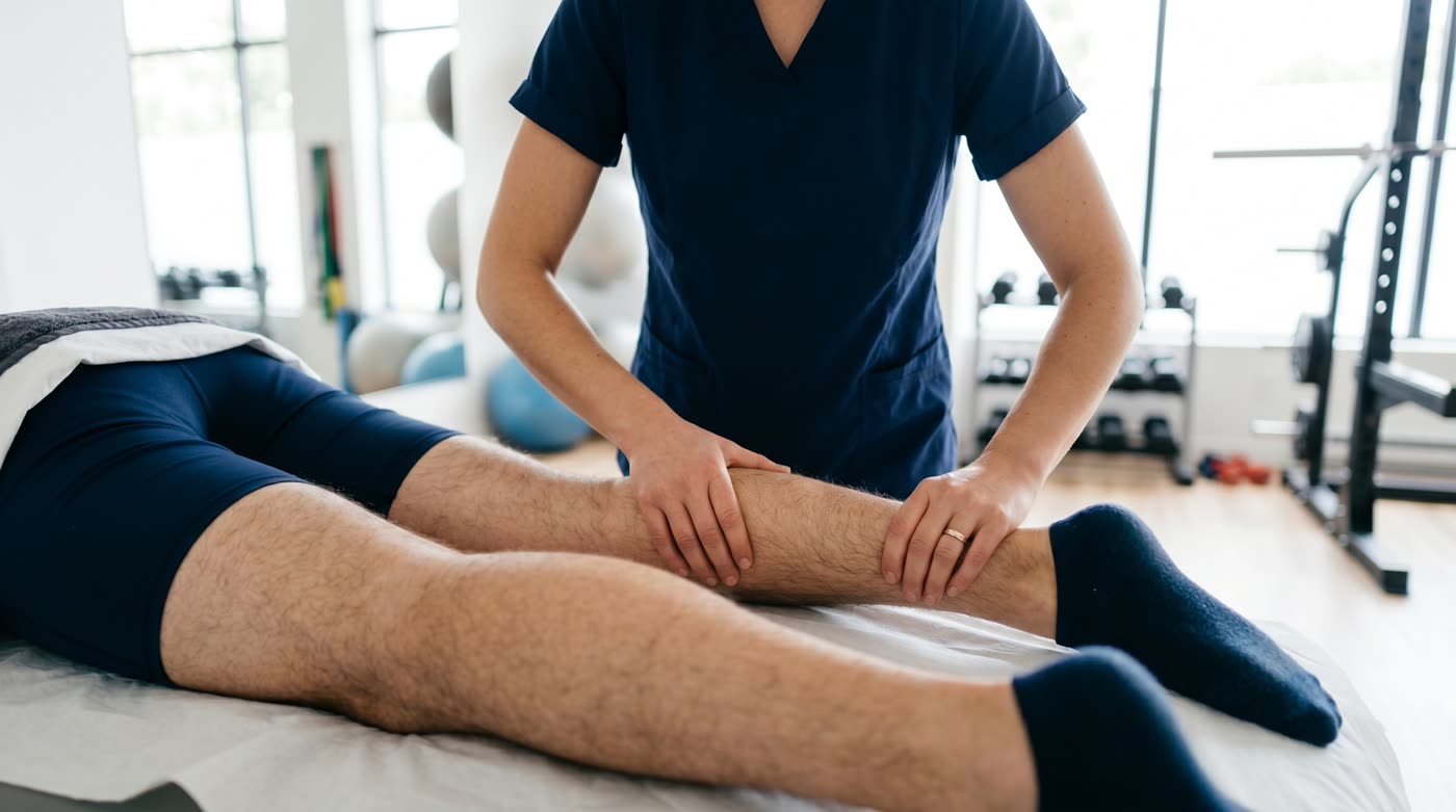 Physiotherapist providing hands-on lower-body assessment to a patient at RehabOne Plus clinic in Thornhill