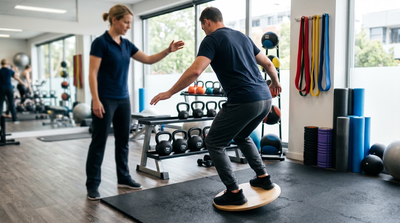 Patient performing balance rehabilitation exercises at RehabOne Plus in Thornhill