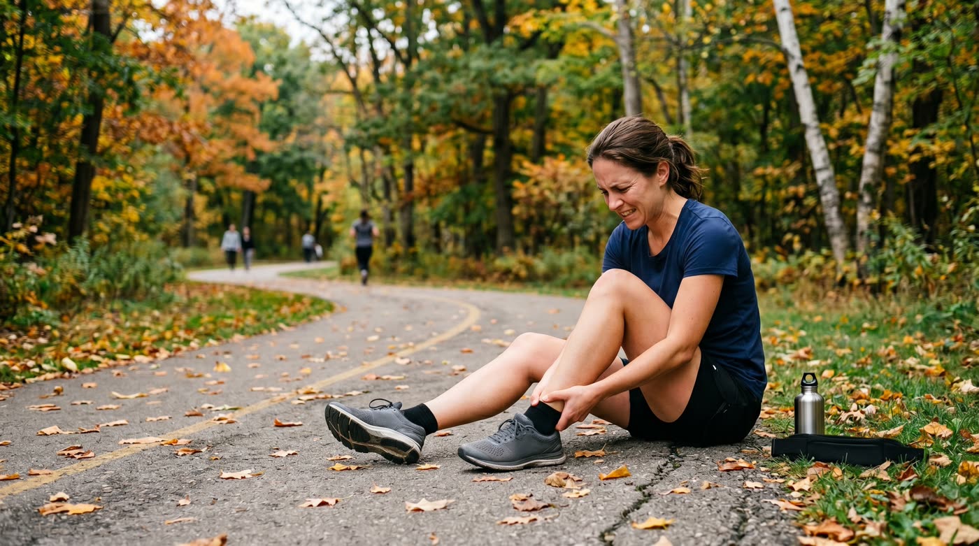 Active athlete holding an injured ankle on a running track after a sports injury