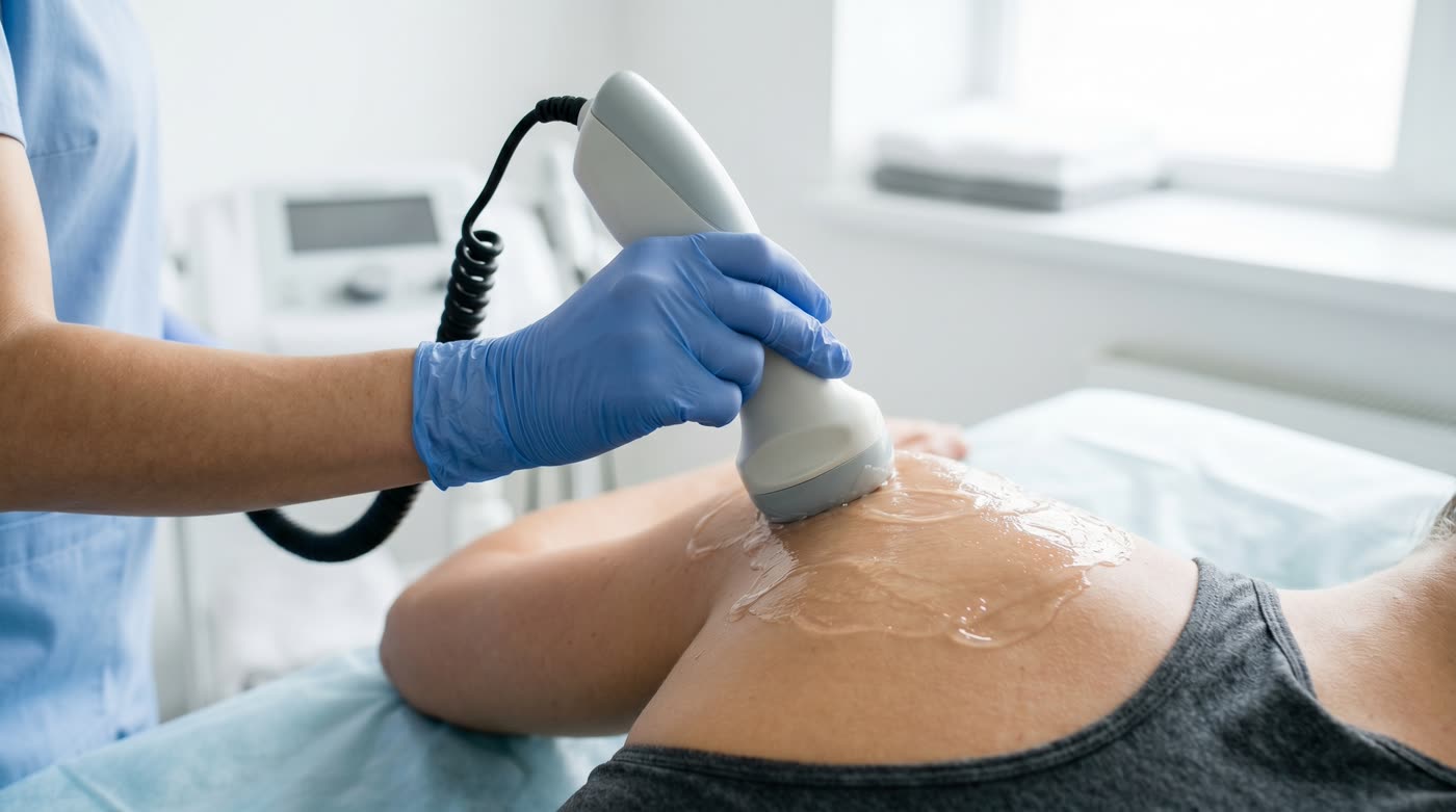 Therapeutic ultrasound being applied to a patient for soft-tissue injury at RehabOne Plus