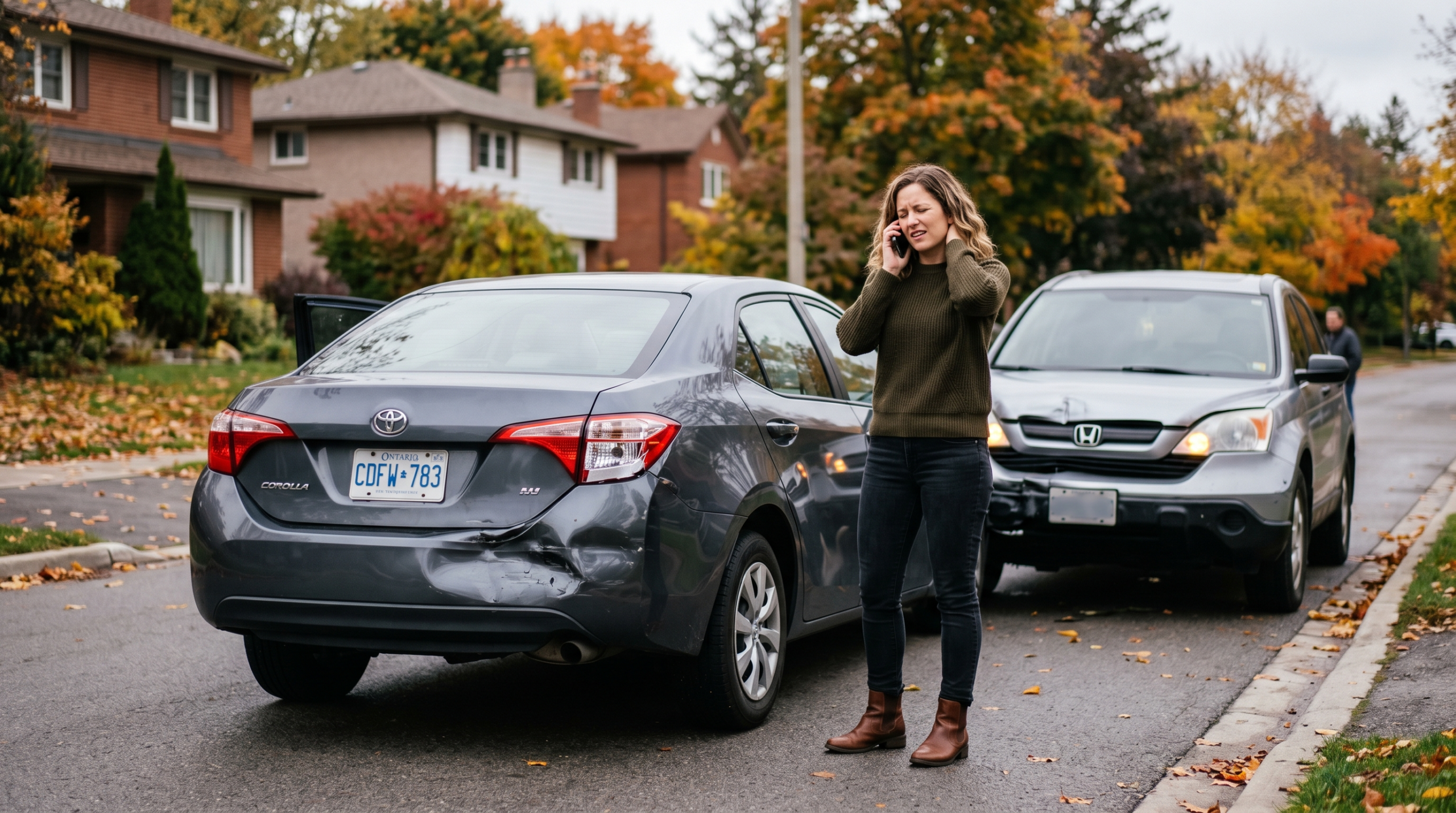 Woman holding her neck on a Thornhill street after a rear-end car accident, calling for help, with visible bumper damage on her sedan