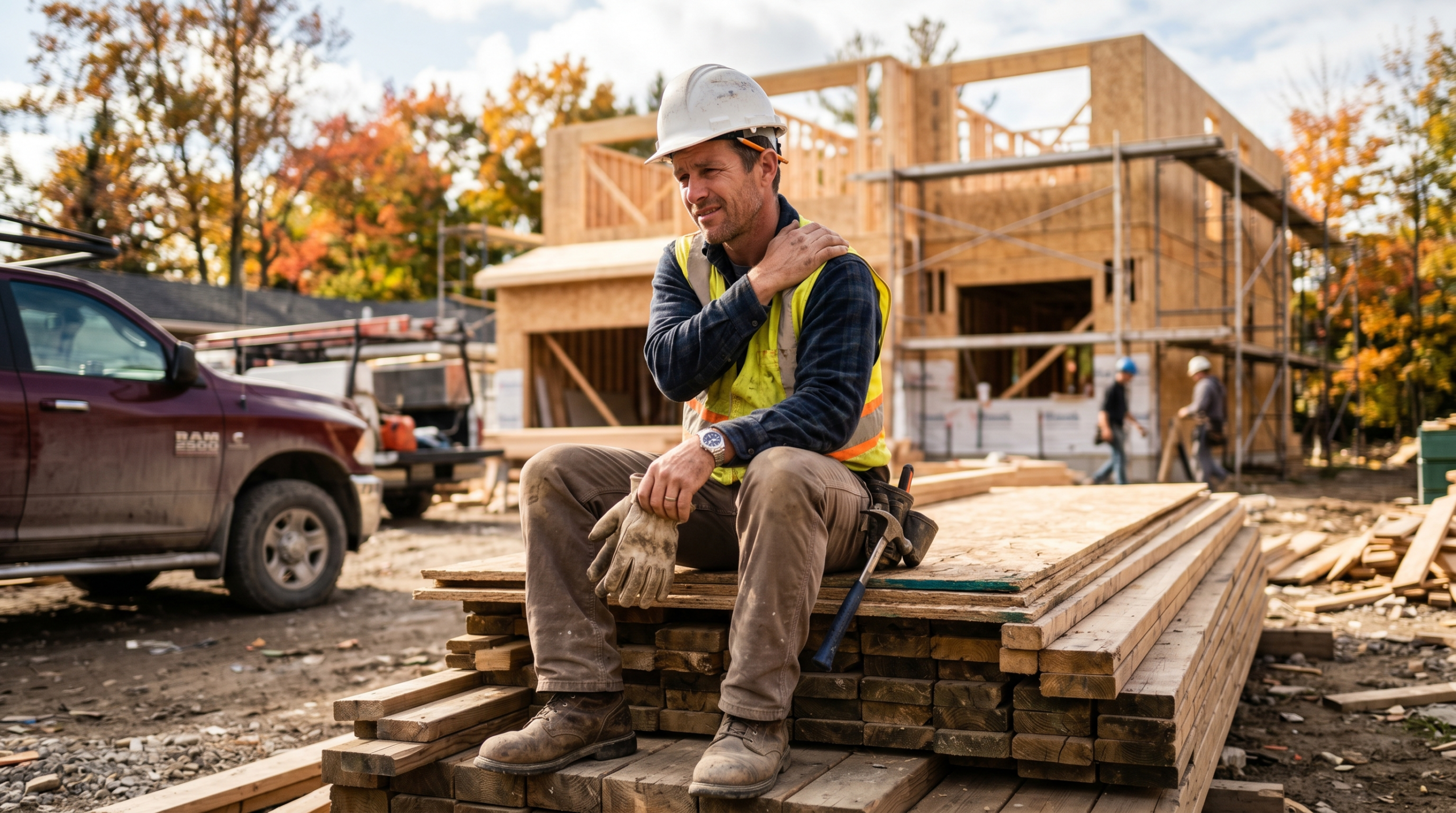 Construction worker in a high-visibility safety vest and hard hat seated at a build site, holding his shoulder after a workplace injury. a WSIB-eligible scenario